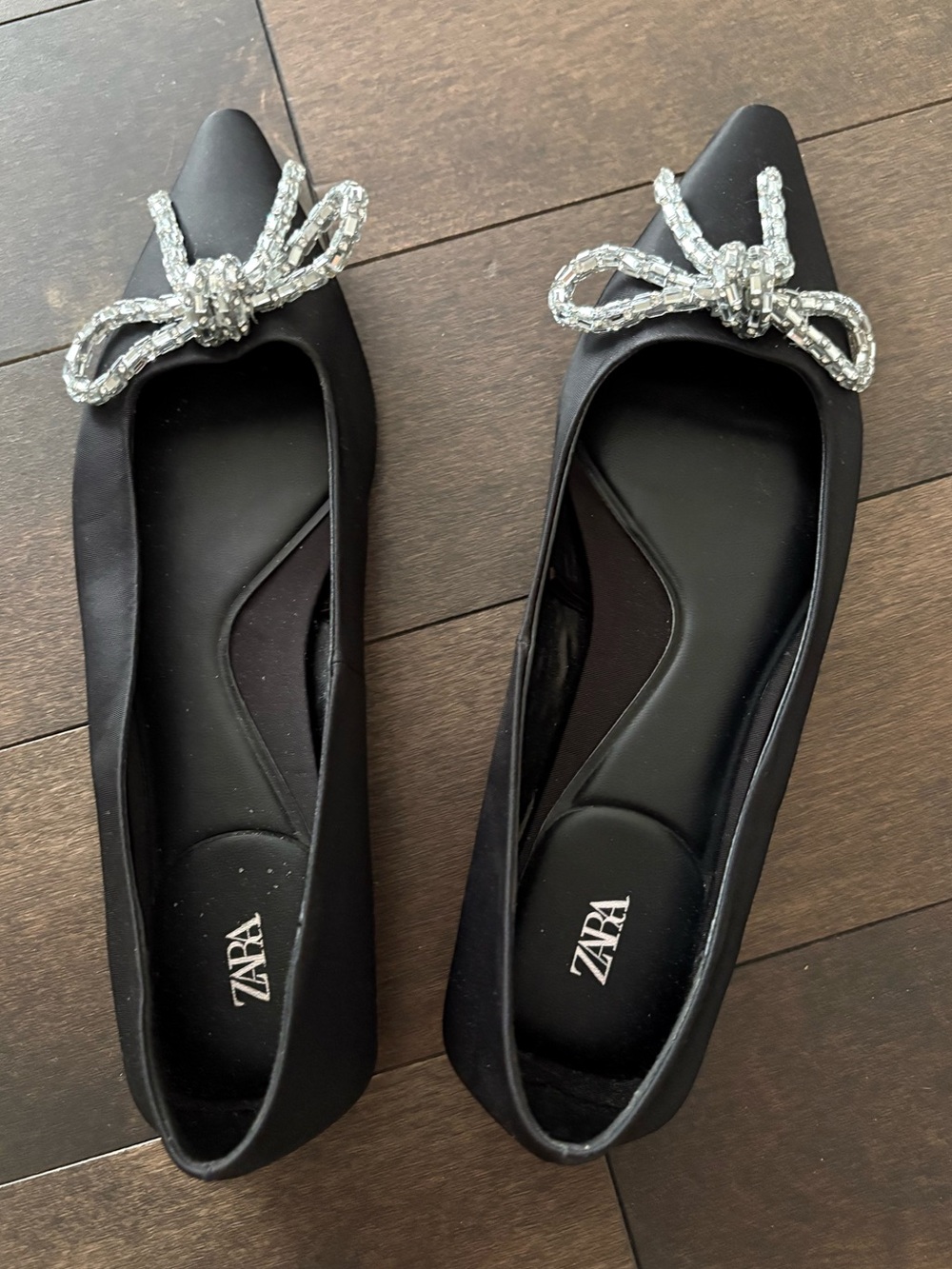 Zara Black Pointed Toe Flats with Crystal Bow Accent